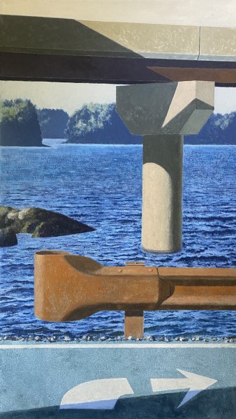 A painting of a bridge pillar and rusted guardrail overlooking a body of water with distant trees.
