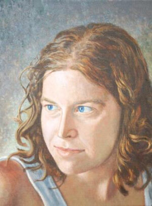 Oil painting of a woman with shoulder-length wavy brown hair and bright blue eyes, looking to the side.