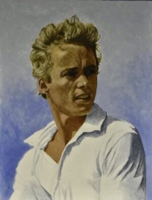 Oil painting of a young man with blonde hair wearing a white collared shirt against a blue background.