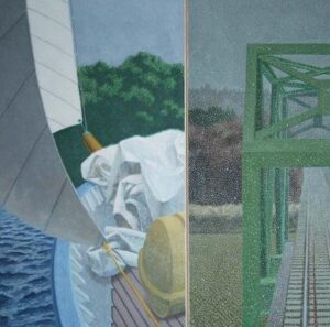 Diptych painting showing the deck of a sailboat on the left and a green truss bridge over train tracks on the right.