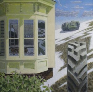 Painting of a house bay window reflecting a train, beside a snow-covered hill with a large tractor tire in the foreground.