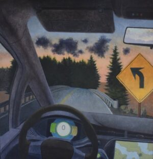 View from a car interior at dusk, showing a road, a bridge, and a yellow left-turn warning sign.