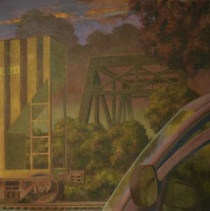 Oil painting of a train car and a truss bridge viewed from inside a car at dusk.