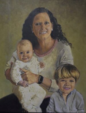 An oil painting of a woman holding a baby with a young boy sitting in front of them.