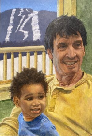 A painting of a man holding a young child in front of a window overlooking a snowy ski slope.