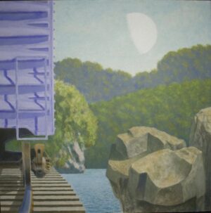 A purple train car sits by a lake next to large rocks under a half moon.