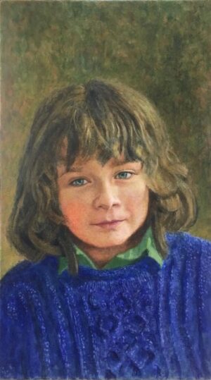 Oil painting of a child with shoulder-length brown hair wearing a blue sweater over a green collared shirt.