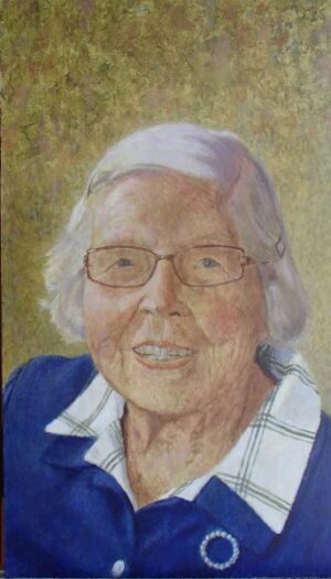 Portrait painting of an older woman with white hair and glasses wearing a blue collared shirt with a brooch.