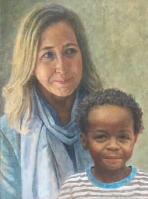 Oil painting portrait of a woman and a young child.