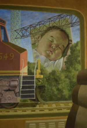 Painting of a train moving past a large image of a sleeping baby in a wooded area.
