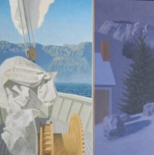 A diptych showing a boat deck with a winch and sail on the left and a snowy house with a pine tree on the right.