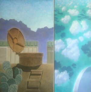 A diptych showing an open industrial hatch in a desert landscape next to a view of clouds from above.