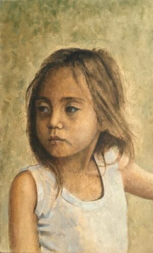 Oil painting of a young girl wearing a white tank top, looking toward the side.