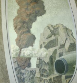 A mural of a jet engine flying past rocky mountains and a plume of dark smoke.
