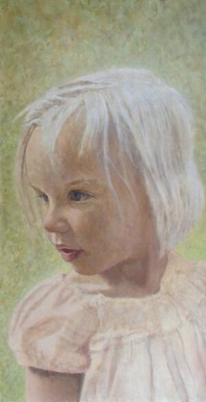 Oil painting portrait of a young child with pale hair looking to the side.