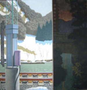 Diptych painting showing a train track in a snowy landscape next to a dark road under a bridge.