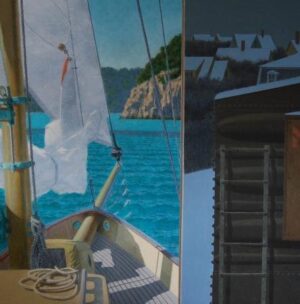 A painting showing a sailboat at sea on the left and a snowy village at night on the right.