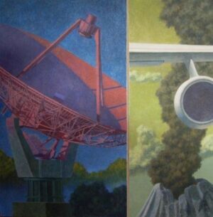 A split-panel painting showing a large radio telescope on the left and a jet engine above clouds on the right.