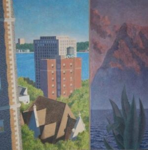 A split-panel painting showing a city view with buildings and a river on the left, and a mountain and sea on the right.