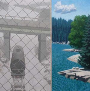 A split-image painting showing a grayscale train on tracks behind a chain-link fence beside a colorful lake and forest.