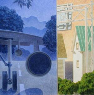 Split-screen painting: a jet engine over a runway on the left, and a house near a water tower on the right.
