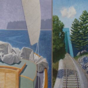 A diptych showing a sailboat on water next to a railway track leading toward a blue bridge.