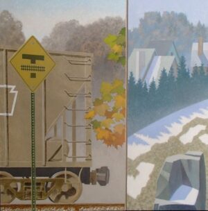 A split-view painting showing a train car with a crossing sign on the left and a snowy village landscape on the right.