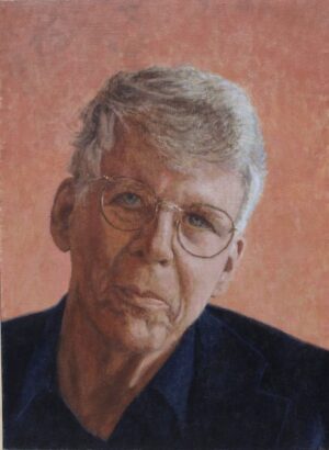 An oil portrait of an older man with gray hair and glasses wearing a dark collared shirt against a peach-colored background.